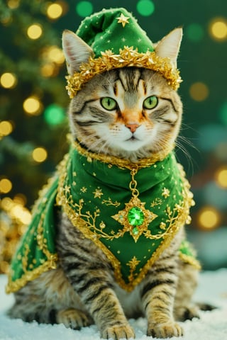 ultra realistic, best quality, cinematic, ultra detailed picture of beautiful cute friendly female cat wearing an intricate form-fitting green-gold christmas outfit with glowing fractal elements, village, outdoors, winter, sharp focus, work of beauty and complexity invoking a sense of magic and fantasy, 8k UHD, colorful aura, glowing, upper body, small breasts, santa hat, (((closeup)))