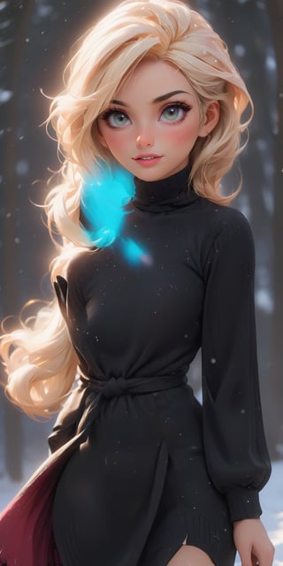 {A highly detailed 3D model in Pixar style}  full-body shot, wide angle, taken from afar, beautiful thin 1m70 tall European 30 years old woman walking. She has oval face with pointy chin and slighlty squared jaw, voluminous messy platinum blonde hair in ponytail hairstyle, side-swept bangs, large shining bright seafoam green emerald eyes, thick eyelashes, light blonde arched eyebrows, round reddish blushed cheeks, small upturned red cute nose with a rosy tint, reddish-pink lips, lot of freckles, pointed chin. Her skin is smooth and slightly tanned with matte finish, and her cheeks are subtly blushed.  She is busty but has thin waist, She should be normally proportionate, with a head that is 1/8th her height. She has a balanced hourglass figure with really big beautiful generous round breast with pointing pink nipple, firm beautiful butt, slender legs, athletic build. She's wearing a classy and comfy winter outfit with wool sweater, big wool scarf and long coat and beautiful high heel boots. She has charming air, and confident allure,3d toon full body visible pose,gougou,aw0k euphoric style,aw0k illuminate