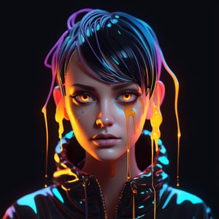 portrait of a mysterious girl saint, cinema 4d, gowing eyes, bored, punk fashion, boiling colors, dripping slime liquid lava, undersater, burning, cosmic, gamer, minimalist illustration, retro futuristic, inspired by Jamie Hewlett, glowing, black background