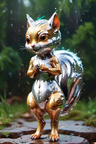 cute tiny wet squirrel in rain, shimmering fur, glittery eyes, cg render, 4k, simple, asthetic (3d, cute, chibi style), ((perfect high detailed image)), hyper-realistic detailed rendering, elegant pose, professional lighting, intricate details,aw0k meltdown style