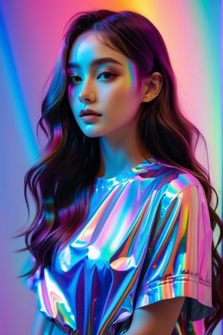 portrait, 1 girl, solo, long wavy hair, flowing rainbow colored holographic background, holographic, iridescent, vaporwave, fluid, standing without support pose in studio, high fahion, realistic