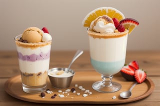 Filipino Halo-halo desserts with sweetened beans, fruits, milk, and ice cream