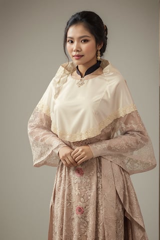 A portrait of Filipino Woman wearing the Maria Clara old rose and mauve color gown, the Terno, matching set of Camisa, Panuelo, Tapis/Sobrefalda, and saya de cola. She was portrayed as the traditional, feminine, conservative, and charming,