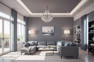 Interior design living room, Colors: White, Grey and Sky Blue, 3D rendered, masterpiece, beautiful, modern design, high ceiling, large shop, cozy atmosphere, realistic colors, detailed, widescreen, full picture, ultra-high definition, extremely detailed, photorealistic, high resolution interior design, extremely high detailed beautiful modern lighting,