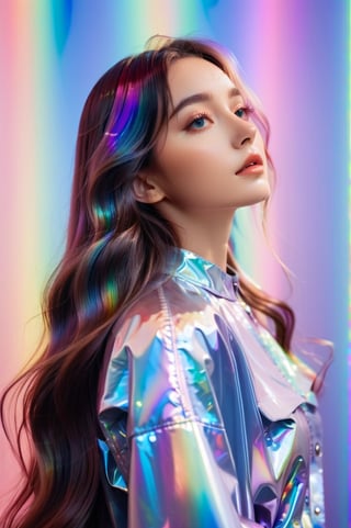 portrait, solo girl, facing front, viewer focus, focusing on the top of the head pose, long wavy hair, sincere, flowing rainbow colored holographic background, holographic, iridescent, vaporwave, fluid, high fashion, realistic