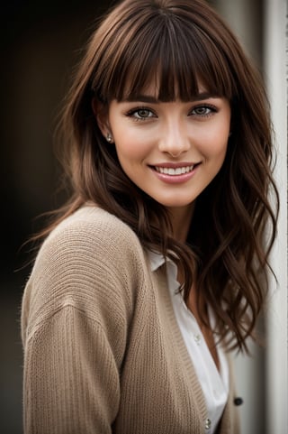 portrait of beautiful woman, realistic perfect detailed face, chestnut brown hair wavy hair with bangs, luscious long hair, reflective hazel eyes, lovely smile, highly detailed realistic natural skin, full body, conservative, absolute reality, high fashion, stunning realistic photograph, best quality, high quality, beautiful lighting, dramatic lighting, extremely detailed,xyzsansweater