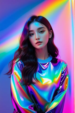 portrait, 1 girl, solo, long wavy hair, flowing rainbow colored holographic background, holographic, iridescent, vaporwave, fluid, standing without support pose in studio, realistic