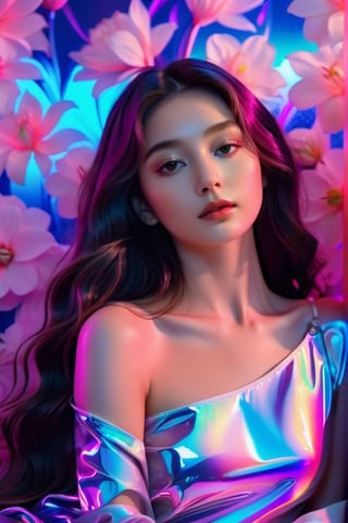 portrait, 1 girl, solo, long wavy hair, flowing neon, colored holographic floral background, holographic, iridescent, vaporwave, fluid, flowers, lying from the front point pose, high fashion, realistic