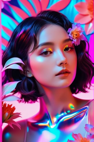 portrait, 1 girl, solo, short wavy hair, flowing neon, colored holographic floral background, holographic, iridescent, vaporwave, fluid, flowers, lying from the front point pose, high fashion, realistic