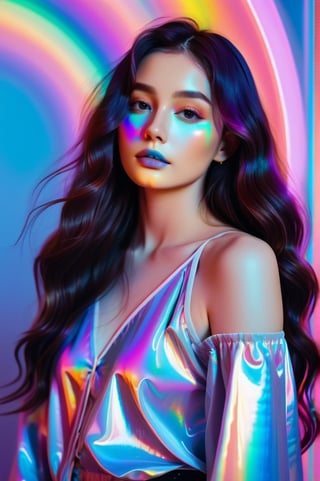 portrait, 1 girl, solo, long wavy hair, flowing rainbow colored holographic background, holographic, iridescent, vaporwave, fluid,  realistic