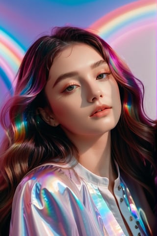 portrait, 1 girl, solo, long wavy hair, flowing rainbow colored holographic background, holographic, iridescent, vaporwave, fluid, lying from the front point pose, high fahion, realistic