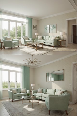 Interior design living room, Colors: light green , and Cream,  3D rendered, masterpiece, beautiful, modern design, high ceiling, large shop, cozy atmosphere, realistic colors, detailed, widescreen, full picture, ultra-high definition, extremely detailed, photorealistic, high resolution interior design, extremely high detailed beautiful modern lighting,