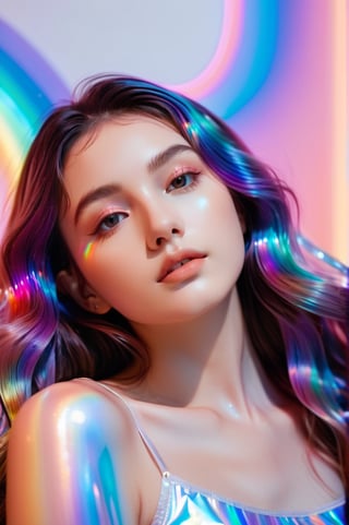 portrait, 1 girl, solo, long wavy hair, flowing rainbow colored holographic background, holographic, iridescent, vaporwave, fluid, lying from the front point pose, high fahion, realistic