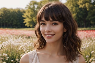 beautiful woman walking in blooming fields of flowers, beautiful spring summer scenic landscape, whole body, realistic perfect detailed face, chestnut brown hair wavy hair with bangs, luscious long hair, hazel eyes, reflective eyes, lovely smile, realistic skin, highly detailed skin texture, natural skin, cheerful backgroud, best quality, beautiful lighting, dramatic lighting, extremely detailed, bokeh