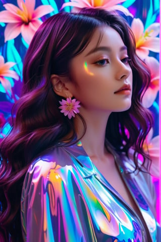 portrait, 1 girl, solo, medium wavy hair, flowing neon, colored holographic floral background, holographic, iridescent, vaporwave, fluid, flowers, realistic