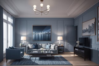 Interior design living room, Colors: Greyish blue, and Dark Blue, 3D rendered, masterpiece, beautiful, modern design, high ceiling, large shop, cozy atmosphere, realistic colors, detailed, widescreen, full picture, ultra-high definition, extremely detailed, photorealistic, high resolution interior design, extremely high detailed beautiful modern lighting,