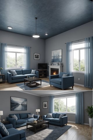 Interior design living room, Colors: Greyish blue, and Dark Blue, 3D rendered, masterpiece, beautiful, modern design, high ceiling, large shop, cozy atmosphere, realistic colors, detailed, widescreen, full picture, ultra-high definition, extremely detailed, photorealistic, high resolution interior design, extremely high detailed beautiful modern lighting,