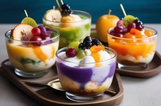 Filipino Halo-halo desserts with sweetened beans, fruits, milk, and ice cream