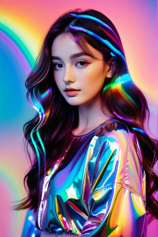 portrait, 1 girl, solo, long wavy hair, flowing rainbow colored holographic background, holographic, iridescent, vaporwave, fluid, standing without support pose in studio, realistic