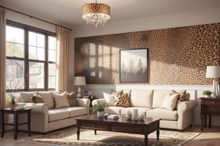 Interior design living room, Colors: Brown, and Cream, cushions in the cheetah print, 3D rendered, masterpiece, beautiful, modern design, high ceiling, large shop, cozy atmosphere, realistic colors, detailed, widescreen, full picture, ultra-high definition, extremely detailed, photorealistic, high resolution interior design, extremely high detailed beautiful modern lighting,