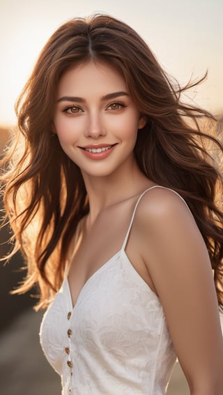 portrait of beautiful woman, realistic perfect detailed face, chestnut brown hair wavy hair with bangs, luscious long hair, reflective hazel eyes, , lovely smile, highly detailed realistic natural skin, absolute reality, high fashion, stunning realistic photograph, best quality, high quality, beautiful lighting, dramatic lighting, extremely detailed