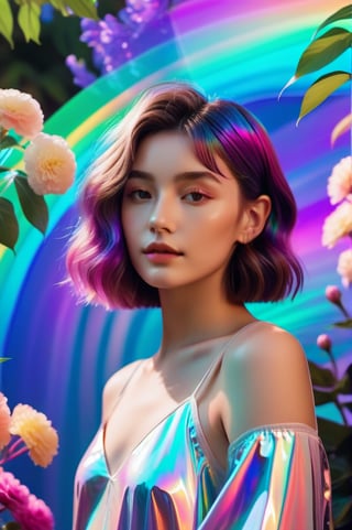 portrait, 1 girl, solo, short wavy hair, flowing rainbow colored holographic floral background, holographic, iridescent, neon, vaporwave, fluid, garden, realistic