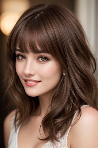 portrait of beautiful woman, realistic perfect detailed face, chestnut brown hair wavy hair with bangs, luscious long hair, reflective hazel eyes, lovely smile, highly detailed realistic natural skin, full body, conservative, absolute reality, high fashion, stunning realistic photograph, best quality, high quality, beautiful lighting, dramatic lighting, extremely detailed,xyzsansweater