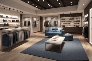 Interior design of a denim jeans boutique, — ar 16:9, hyper realistic interior clothing boutique, mannequin, denim color, denim fabric, clothes, apparel, high fashion, urban street style, modern vintage, 3D rendered, masterpiece, beautiful, modern design, high ceiling, large shop, cozy atmosphere, realistic colors, detailed, widescreen, full picture, ultra-high definition, extremely detailed, photorealistic, high resolution interior design, extremely high detailed beautiful modern lighting,