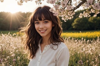 beautiful woman standing in blooming fields of flowers, beautiful spring summer scenic landscape, whole body, chestnut brown hair wavy hair with bangs, luscious long hair, hazel eyes, reflective eyes, lovely smile, realistic skin, highly detailed skin texture, natural skin, cheerful backgroud, best quality, beautiful lighting, dramatic lighting, extremely detailed, bokeh