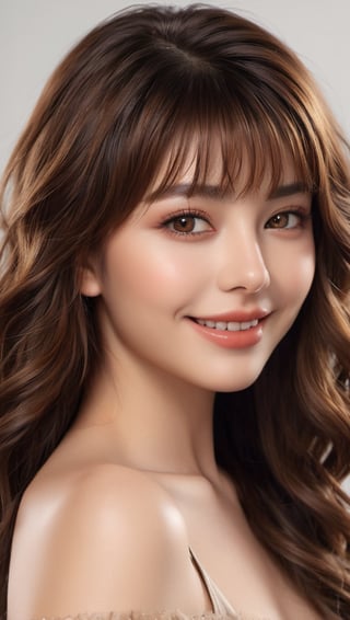 portrait of beautiful woman, realistic perfect detailed face, chestnut brown hair wavy hair with bangs, luscious long hair, reflective hazel eyes, , lovely smile, highly detailed realistic natural skin, absolute reality, high fashion, stunning realistic photograph, best quality, high quality, beautiful lighting, dramatic lighting, extremely detailed