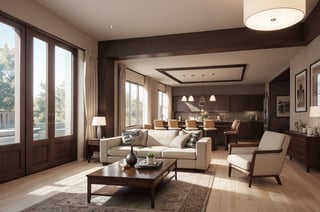 Interior design living room, Colors: Beige, and Brown, 3D rendered, masterpiece, beautiful, modern design, high ceiling, large shop, cozy atmosphere, realistic colors, detailed, widescreen, full picture, ultra-high definition, extremely detailed, photorealistic, high resolution interior design, extremely high detailed beautiful modern lighting,