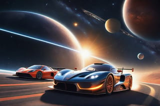 Imagine a sports racing of cars in space, surrounded with universe filled with solar system, galaxy, and stars background, dramatic lighting, highly detailed