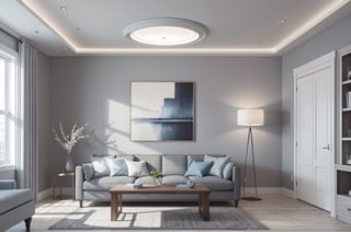 Interior design living room, Colors: White, Grey and Sky Blue, 3D rendered, masterpiece, beautiful, modern design, high ceiling, large shop, cozy atmosphere, realistic colors, detailed, widescreen, full picture, ultra-high definition, extremely detailed, photorealistic, high resolution interior design, extremely high detailed beautiful modern lighting,