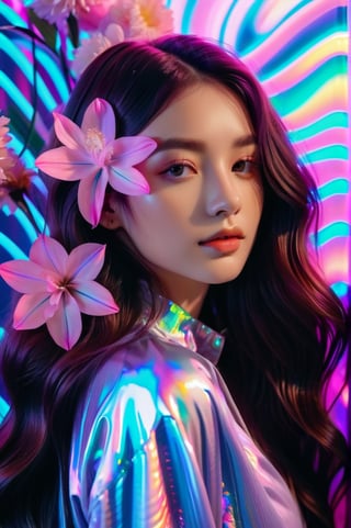 portrait, 1 girl, solo, long wavy hair, flowing neon, colored holographic floral background, holographic, iridescent, vaporwave, fluid, flowers, realistic