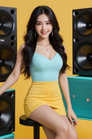 xxmix_girl, (closeup:1.2), 1girl,smile,best quality,8k,fluffy long hair,,black hair,messy hair, (nude:1.3),pure TIFFANY BLUE background,sitting on a JBL speaker,yellow dress,pure TIFFANY BLUE background,3d style