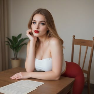 The picture shows a beautiful woman wearing a red tights. The color of the clothes is very bright, which highlights her fair skin and figure curves. She was sitting on a golden chair, leaning forward and placing her hands on the table, looking very focused. She had light makeup on her face, red lips, and bright eyes. The whole picture gives people a fashionable and sexy feeling.