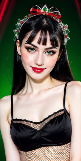 woman, beautiful face, perfect face, colorful eyes fully black hair, pale white skin, sexy marks, perfect, green bright red abstract background, shiny accessories, best quality, clear texture, details, canon eos 80d photo, very little light makeup, black fishnet and strings costume, smile, upper body, small chest