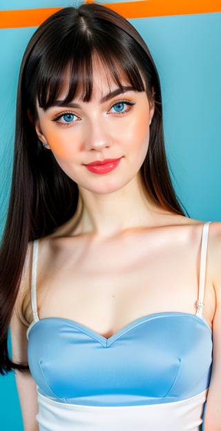 





woman, blue eyes, straight middle parted hairstyle, dark black hair, super beauty marks, pale white skin, best quality, clear texture, details, canon eos 80d photo, light makeup, (blue orange color background theme: 1.3), (pale white skin:1.1), professional coloring photo, (sexy style business woman outfit:1.1), (pale white skin:1.1), smile