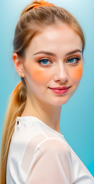 





woman, blue eyes, straight middle parted hairstyle, ponytail, dark black hair, super beauty marks, pale white skin, best quality, clear texture, details, canon eos 80d photo, light makeup, (blue orange color background theme: 1.3), (pale white skin:1.1), professional coloring photo, (sexy style business woman outfit:1.1), (pale white skin:1.1), smile