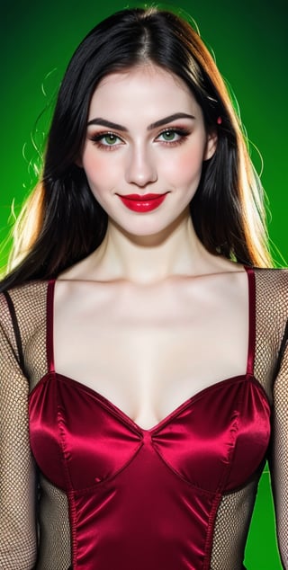 woman, beautiful face, perfect face, colorful eyes fully black hair, pale white skin, sexy marks, perfect, green bright red abstract background, shiny accessories, best quality, clear texture, details, canon eos 80d photo, very little light makeup, black fishnet and strings costume, smile, upper body, small chest