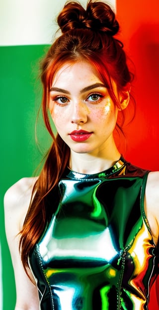 woman, beautiful face, perfect face, green-eye, fully redhead hair, pale white skin, sexy marks, perfect, abstract background, (background wall red: 1.1), shiny red accessories, best quality, clear texture, details, canon eos 80d photo, light makeup, hair buns