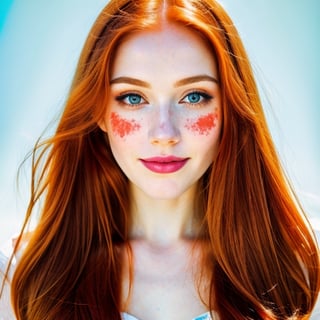 woman, beautiful face, perfect face, colorful eyes fully redhead ginger hair, pale white skin, sexy marks, perfect, fully white abstract background, shiny accessories, blue theme, best quality, clear white texture, details, canon eos 80d photo, light makeup, (mid parted straight hair: 1.1), smile, (purple-background: 1.1)