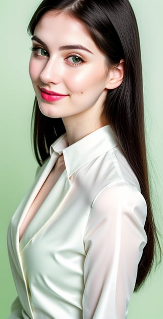 





woman, green eyes, straight middle parted hairstyle, dark black hair, super beauty marks, pale white skin, best quality, clear texture, details, canon eos 80d photo, light makeup, (green color background theme: 1.3), (pale white skin:1.1), professional coloring photo, (sexy style business woman outfit:1.1), (pale white skin:1.1), smile