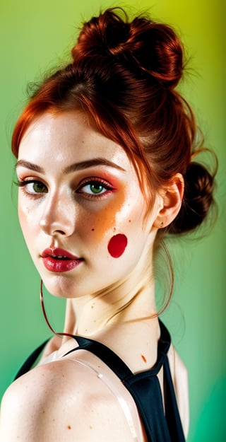 woman, beautiful face, perfect face, green-eye, fully redhead hair, pale white skin, sexy marks, perfect, abstract background, (background wall red: 1.1), shiny red accessories, best quality, clear texture, details, canon eos 80d photo, light makeup, hair buns