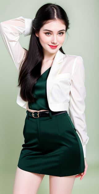 





woman, eyes, straight middle parted hairstyle, dark black hair, super beauty marks, pale white skin, best quality, clear texture, details, canon eos 80d photo, light makeup, (green color background theme: 1.3), (pale white skin:1.1), professional coloring photo, (sexy style business woman outfit:1.1), (pale white skin:1.1), smile