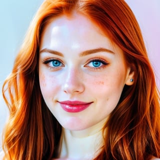 woman, beautiful face, perfect face, colorful eyes fully redhead ginger hair, pale white skin, sexy marks, perfect, fully white abstract background, shiny accessories, blue theme, best quality, clear white texture, details, canon eos 80d photo, light makeup, (mid parted straight hair: 1.1), smile, (purple-background: 1.1)