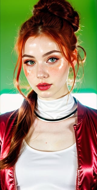 woman, beautiful face, perfect face, green-eye, fully redhead hair, pale white skin, sexy marks, perfect, abstract background, (background wall red: 1.1), shiny red accessories, best quality, clear texture, details, canon eos 80d photo, light makeup, hair buns