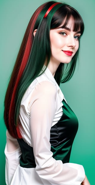 





woman, blue eyes, straight middle parted hairstyle, fully side bangs, dark black hair, super beauty marks, pale white skin, best quality, clear texture, details, canon eos 80d photo, light makeup, (green red color background theme: 1.3), (pale white skin:1.1), professional coloring photo, (sexy style business woman outfit:1.1), (pale white skin:1.1), smile