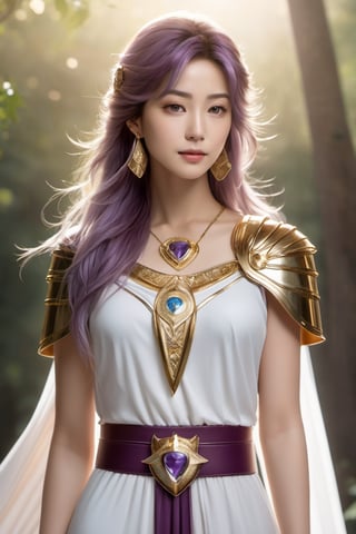 realistic, Saori Kido, also known as Athena, is a young woman of great elegance and beauty who arouses admiration around her. Her hair is long and a purple-blonde hue, flowing smoothly to her shoulders and framing her face. Her eyes are a deep light blue, with a serene and compassionate look that reflects her role as protector and leader. She wears a flowing white gown that falls to her ankles, decorated with golden details and intricate embroidery denoting her position as the goddess Athena. She wears a golden belt that adjusts the dress to her figure, and a similarly golden necklace adorns her neck. On her left wrist, she wears a gold bracelet with a small symbol representing the Pegasus constellation, in honor of the Knight of Pegasus, Seiya, one of her faithful protectors. In her right hand, she holds a ceremonial scepter that exudes a sense of divine power. Atop the scepter is a miniature replica of Pegasus' armor helmet, symbolizing his connection to the Bronze Knights and his mission to protect Earth. The expression on her face combines grace and serenity, with a slight smile reflecting her confidence in good and her desire to protect humanity. Her presence radiates authority and warmth, inspiring those around her to fight for justice and peace, full body capture.