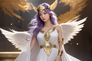 realistic, Saori Kido, also known as Athena, is a young woman of great elegance and beauty who arouses admiration around her. Her hair is long and a purple-blonde hue, flowing smoothly to her shoulders and framing her face. Her eyes are a deep light blue, with a serene and compassionate look that reflects her role as protector and leader. She wears a flowing white gown that falls to her ankles, decorated with golden details and intricate embroidery denoting her position as the goddess Athena. She wears a golden belt that adjusts the dress to her figure, and a similarly golden necklace adorns her neck. On her left wrist, she wears a gold bracelet with a small symbol representing the Pegasus constellation, in honor of the Knight of Pegasus, Seiya, one of her faithful protectors. In her right hand, she holds a ceremonial scepter that exudes a sense of divine power. Atop the scepter is a miniature replica of Pegasus' armor helmet, symbolizing his connection to the Bronze Knights and his mission to protect Earth. The expression on her face combines grace and serenity, with a slight smile reflecting her confidence in good and her desire to protect humanity. Her presence radiates authority and warmth, inspiring those around her to fight for justice and peace, full body capture.